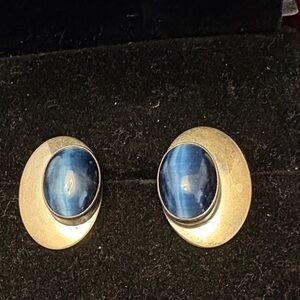 Rare Vintage Harry Sterling  Silver Blue Cabochon White Line Dimension Earrings